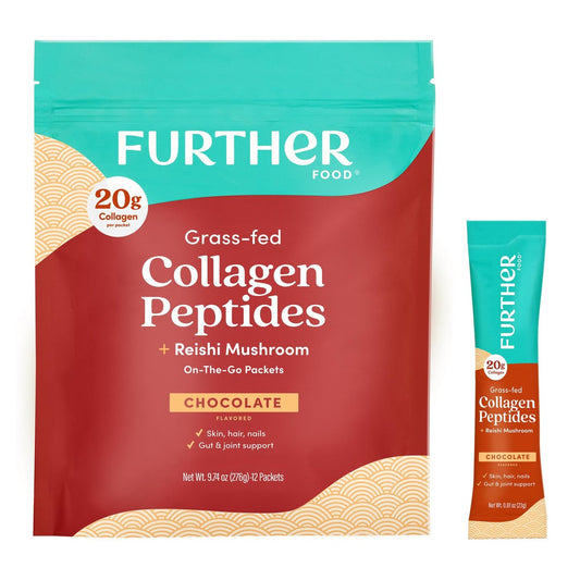 Further Food Schokoladen-Collagen-Peptide-Pulver mit Reishi-Pilz – 100 % grasgefüttert, hydrolysiert, Typ 1 & 3, 20 g Collagen pro Portion, unterstützt Haut, Haare, Nägel & Gelenke, Stick-Packs, 9,74 Unzen