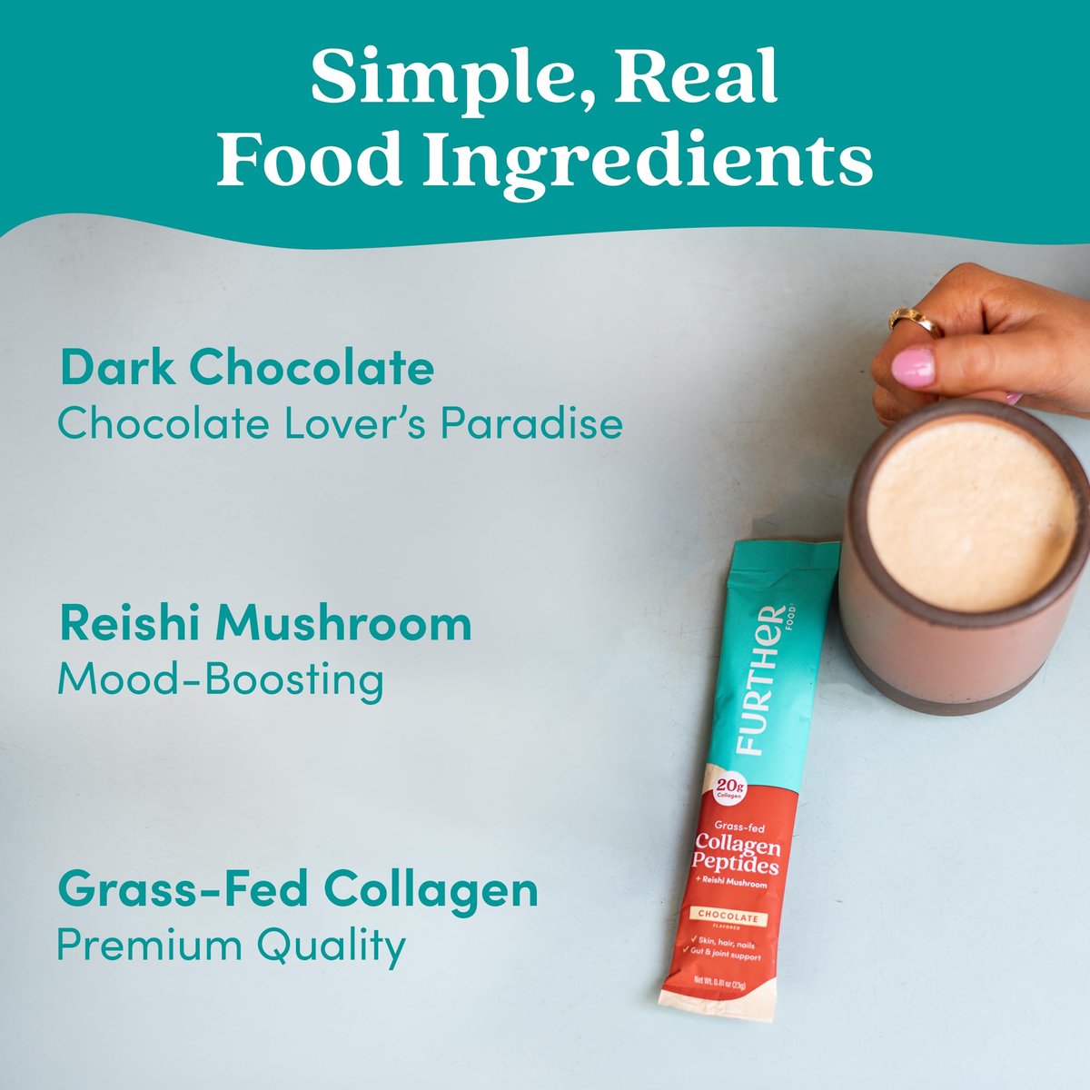 Further Food Schokoladen-Collagen-Peptide-Pulver mit Reishi-Pilz – 100 % grasgefüttert, hydrolysiert, Typ 1 & 3, 20 g Collagen pro Portion, unterstützt Haut, Haare, Nägel & Gelenke, Stick-Packs, 9,74 Unzen
