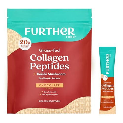 Further Food Schokoladen-Collagen-Peptide-Pulver mit Reishi-Pilz – 100 % grasgefüttert, hydrolysiert, Typ 1 & 3, 20 g Collagen pro Portion, unterstützt Haut, Haare, Nägel & Gelenke, Stick-Packs, 9,74 Unzen