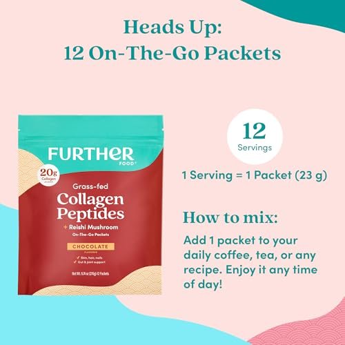 Further Food Schokoladen-Collagen-Peptide-Pulver mit Reishi-Pilz – 100 % grasgefüttert, hydrolysiert, Typ 1 & 3, 20 g Collagen pro Portion, unterstützt Haut, Haare, Nägel & Gelenke, Stick-Packs, 9,74 Unzen