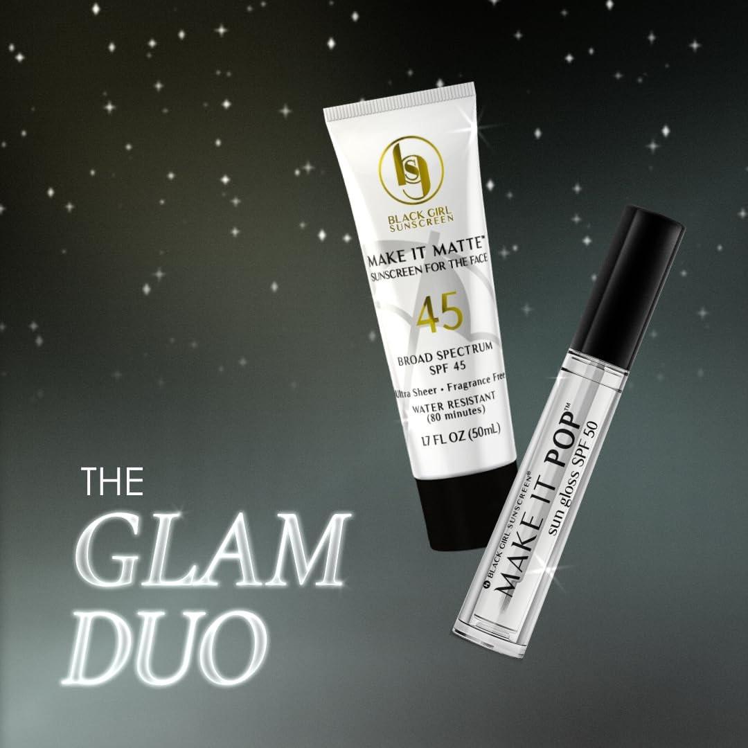 Black Girl Sunscreen Make It Matte SPF 45 & Make It Pop Sungloss – Sonnenschutz für Gesicht & Haut, SPF 50 Lip Gloss, Reisegröße, unter Make-up tragbar, kein weißer Schimmer für melaninreiche Haut – 2er-Pack