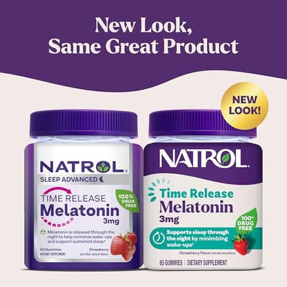 Natrol Time Release Melatonin Gummies – 3 mg Schlafunterstützung für Erwachsene, 65 Erdbeer-Gummis, bis zu 65 Tage Versorgung