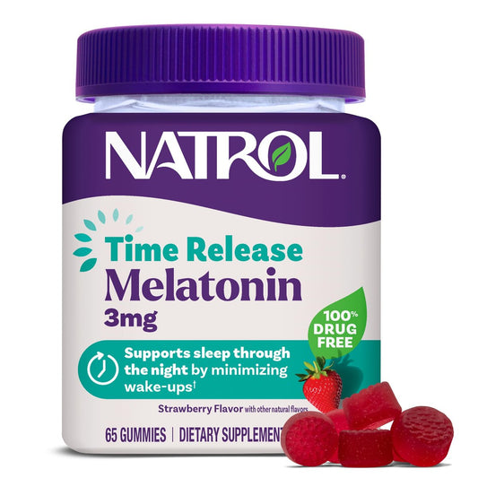 Natrol Time Release Melatonin Gummies – 3 mg Schlafunterstützung für Erwachsene, 65 Erdbeer-Gummis, bis zu 65 Tage Versorgung