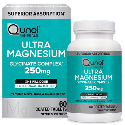 Qunol Magnesium Glycinat-Komplex, Magenschonend, 250mg pro Kapsel, Hochabsorbierendes Magnesium, Nahrungsergänzungsmittel für Nerven, Knochen und Muskeln, 60 Kapseln