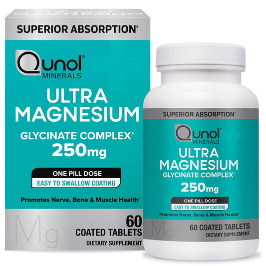 Qunol Magnesium Glycinat-Komplex, Magenschonend, 250mg pro Kapsel, Hochabsorbierendes Magnesium, Nahrungsergänzungsmittel für Nerven, Knochen und Muskeln, 60 Kapseln