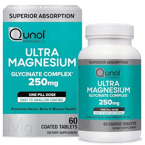 Qunol Magnesium Glycinat-Komplex, Magenschonend, 250mg pro Kapsel, Hochabsorbierendes Magnesium, Nahrungsergänzungsmittel für Nerven, Knochen und Muskeln, 60 Kapseln