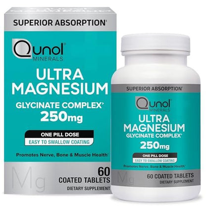 Qunol Magnesium Glycinat-Komplex, Magenschonend, 250mg pro Kapsel, Hochabsorbierendes Magnesium, Nahrungsergänzungsmittel für Nerven, Knochen und Muskeln, 60 Kapseln