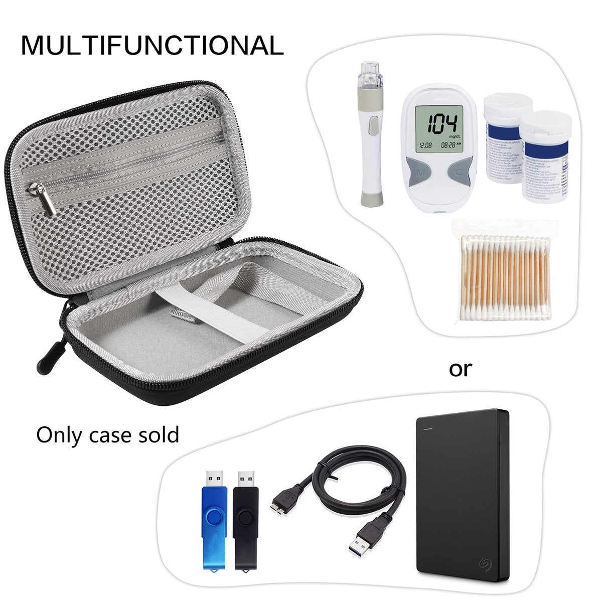 Diabetes Travel Case EVA Hartschale Diabetiker Tasche Organizer für Blutzuckermessgerät-Kit, Teststreifen, Lanzetten, Stechhilfe, Alkoholtupfer (Schwarz)