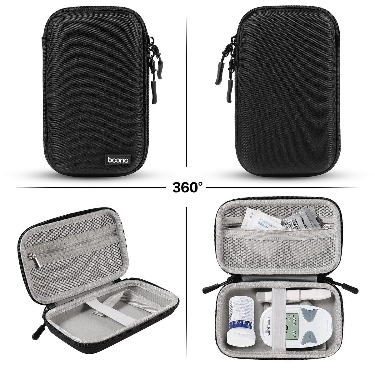 Diabetes Travel Case EVA Hartschale Diabetiker Tasche Organizer für Blutzuckermessgerät-Kit, Teststreifen, Lanzetten, Stechhilfe, Alkoholtupfer (Schwarz)