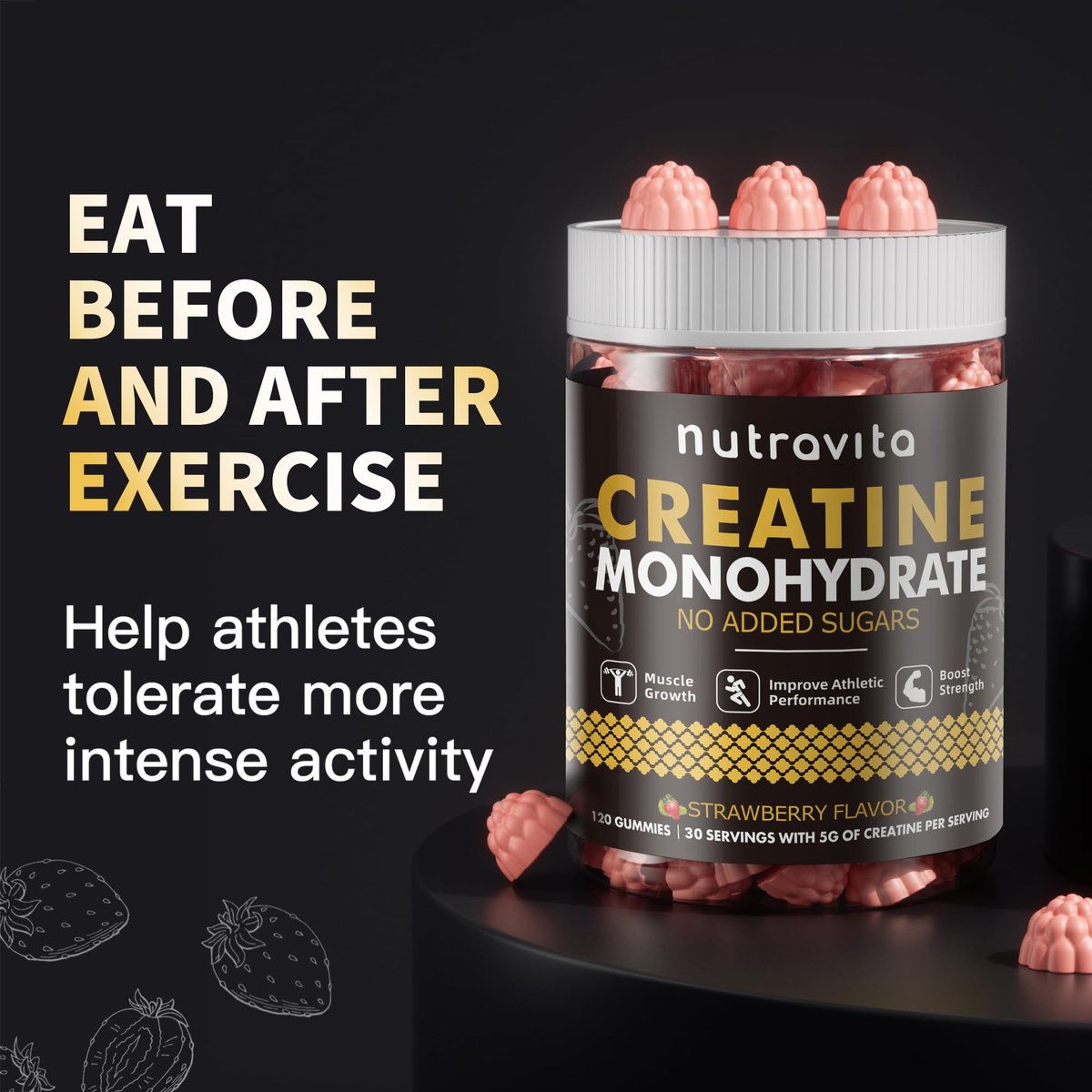 Nutravita NSF-zertifizierte Creatine Gummibärchen - Creatin-Monohydrat-Gummis für Männer und Frauen - 5 g Creatin-Monohydrat pro Portion - Zuckerfrei, Vegan, Erdbeergeschmack, 120 Stück