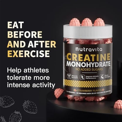 Nutravita NSF-zertifizierte Creatine Gummibärchen - Creatin-Monohydrat-Gummis für Männer und Frauen - 5 g Creatin-Monohydrat pro Portion - Zuckerfrei, Vegan, Erdbeergeschmack, 120 Stück