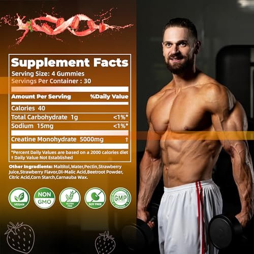 Nutravita NSF-zertifizierte Creatine Gummibärchen - Creatin-Monohydrat-Gummis für Männer und Frauen - 5 g Creatin-Monohydrat pro Portion - Zuckerfrei, Vegan, Erdbeergeschmack, 120 Stück