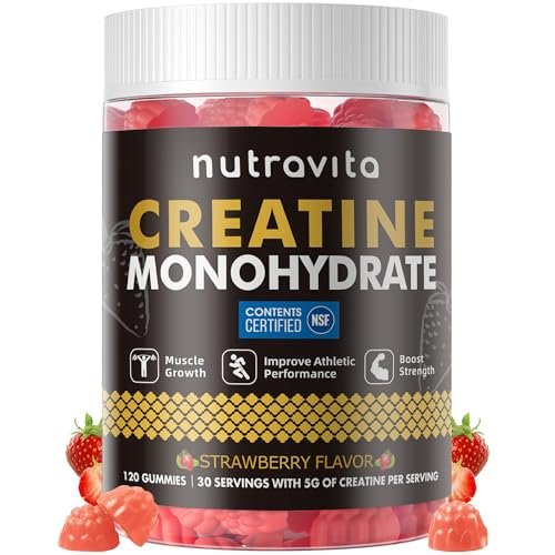 Nutravita NSF-zertifizierte Creatine Gummibärchen - Creatin-Monohydrat-Gummis für Männer und Frauen - 5 g Creatin-Monohydrat pro Portion - Zuckerfrei, Vegan, Erdbeergeschmack, 120 Stück