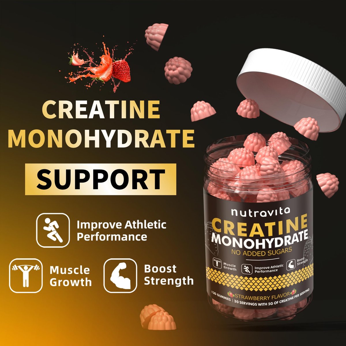 Nutravita NSF-zertifizierte Creatine Gummibärchen - Creatin-Monohydrat-Gummis für Männer und Frauen - 5 g Creatin-Monohydrat pro Portion - Zuckerfrei, Vegan, Erdbeergeschmack, 120 Stück