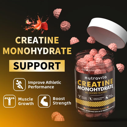 Nutravita NSF-zertifizierte Creatine Gummibärchen - Creatin-Monohydrat-Gummis für Männer und Frauen - 5 g Creatin-Monohydrat pro Portion - Zuckerfrei, Vegan, Erdbeergeschmack, 120 Stück