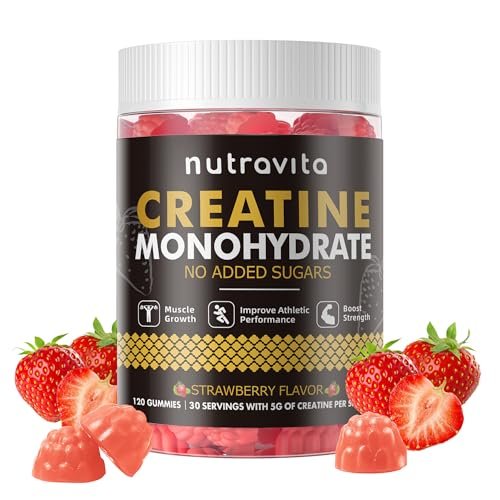 Nutravita NSF-zertifizierte Creatine Gummibärchen - Creatin-Monohydrat-Gummis für Männer und Frauen - 5 g Creatin-Monohydrat pro Portion - Zuckerfrei, Vegan, Erdbeergeschmack, 120 Stück