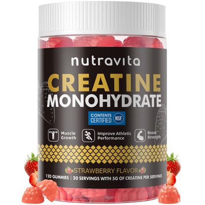 Nutravita NSF-zertifizierte Creatine Gummibärchen - Creatin-Monohydrat-Gummis für Männer und Frauen - 5 g Creatin-Monohydrat pro Portion - Zuckerfrei, Vegan, Erdbeergeschmack, 120 Stück
