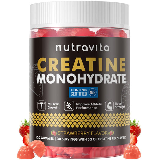 Nutravita NSF-zertifizierte Creatine Gummibärchen - Creatin-Monohydrat-Gummis für Männer und Frauen - 5 g Creatin-Monohydrat pro Portion - Zuckerfrei, Vegan, Erdbeergeschmack, 120 Stück