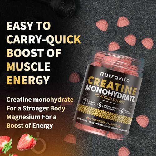 Nutravita NSF-zertifizierte Creatine Gummibärchen - Creatin-Monohydrat-Gummis für Männer und Frauen - 5 g Creatin-Monohydrat pro Portion - Zuckerfrei, Vegan, Erdbeergeschmack, 120 Stück