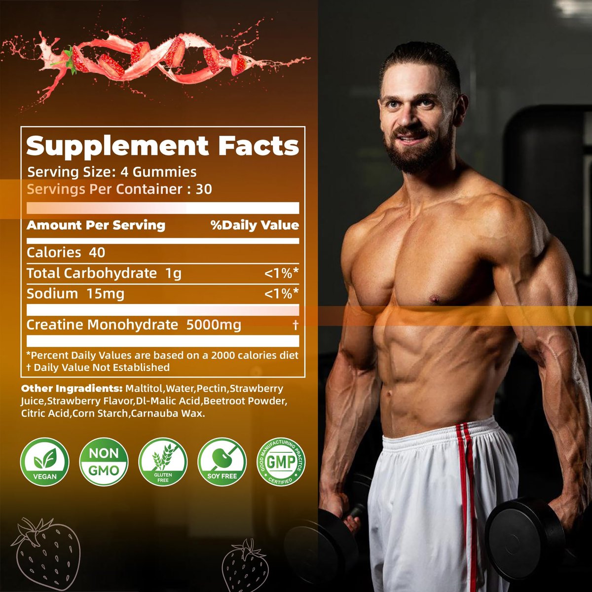 Nutravita NSF-zertifizierte Creatine Gummibärchen - Creatin-Monohydrat-Gummis für Männer und Frauen - 5 g Creatin-Monohydrat pro Portion - Zuckerfrei, Vegan, Erdbeergeschmack, 120 Stück
