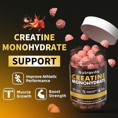 Nutravita NSF-zertifizierte Creatine Gummibärchen - Creatin-Monohydrat-Gummis für Männer und Frauen - 5 g Creatin-Monohydrat pro Portion - Zuckerfrei, Vegan, Erdbeergeschmack, 120 Stück