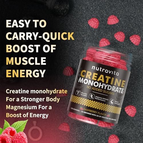 Nutravita Creatin-Monohydrat Gummibärchen für Männer & Frauen – 5 g Creatin pro Portion, zuckerfrei, vegan, Himbeergeschmack, 120 Stück