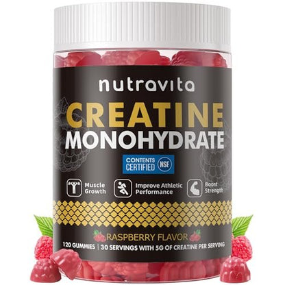 Nutravita Creatin-Monohydrat Gummibärchen für Männer & Frauen – 5 g Creatin pro Portion, zuckerfrei, vegan, Himbeergeschmack, 120 Stück