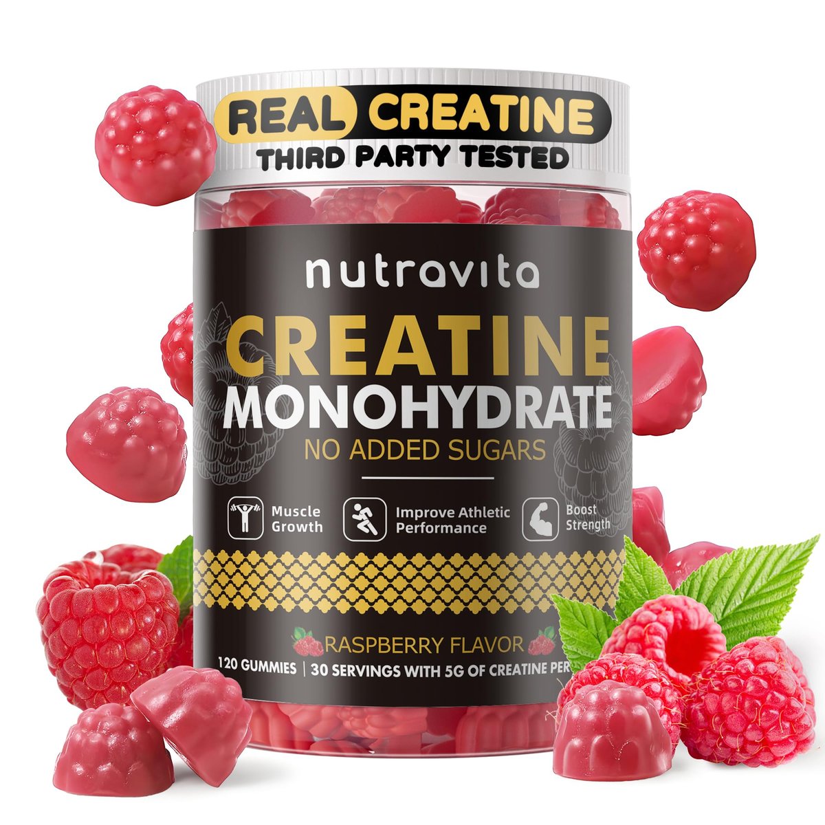 Nutravita Creatin-Monohydrat Gummibärchen für Männer & Frauen – 5 g Creatin pro Portion, zuckerfrei, vegan, Himbeergeschmack, 120 Stück