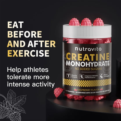 Nutravita Creatin-Monohydrat Gummibärchen für Männer & Frauen – 5 g Creatin pro Portion, zuckerfrei, vegan, Himbeergeschmack, 120 Stück