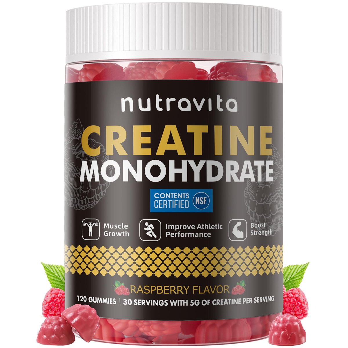Nutravita Creatin-Monohydrat Gummibärchen für Männer & Frauen – 5 g Creatin pro Portion, zuckerfrei, vegan, Himbeergeschmack, 120 Stück