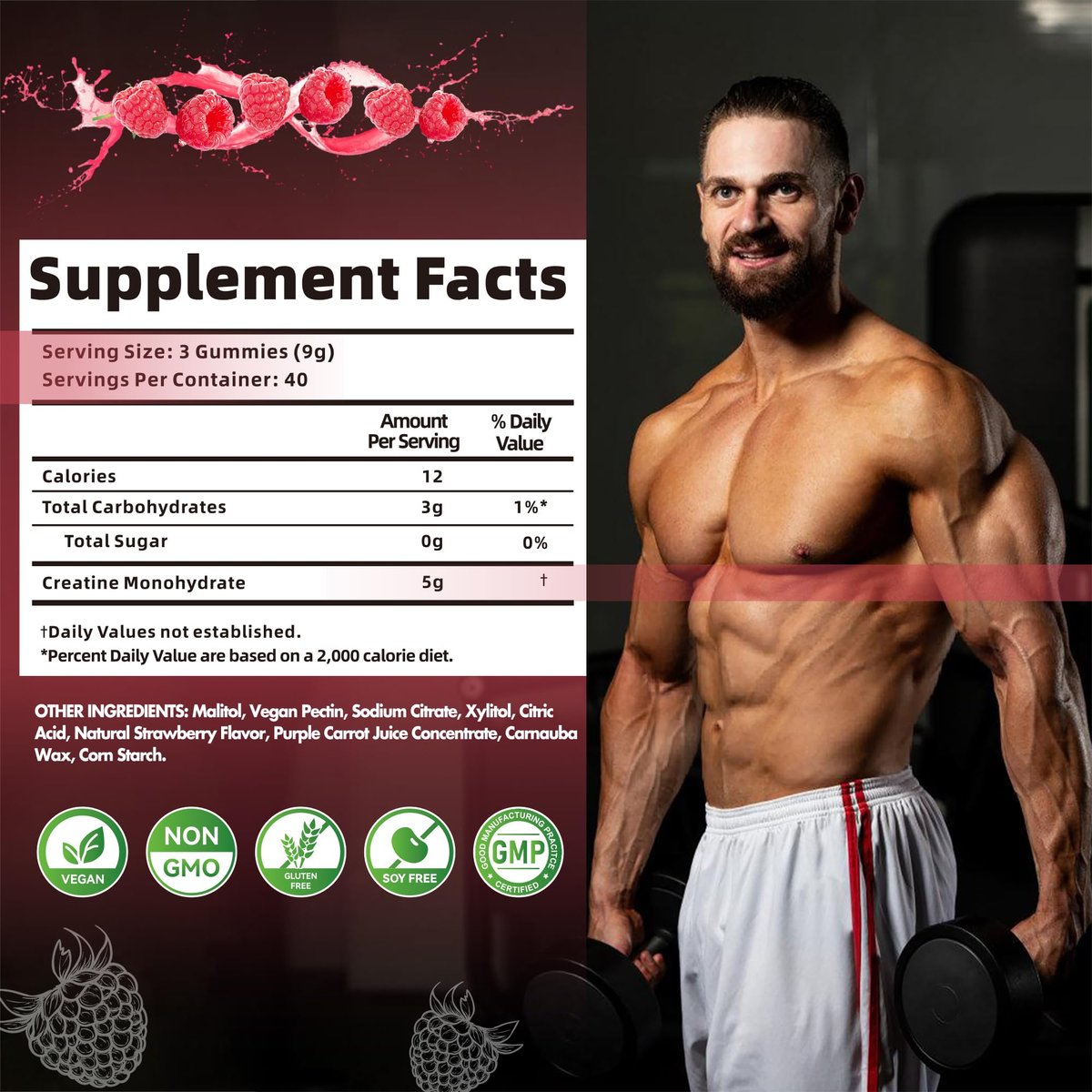 Nutravita Creatin-Monohydrat Gummibärchen für Männer & Frauen – 5 g Creatin pro Portion, zuckerfrei, vegan, Himbeergeschmack, 120 Stück