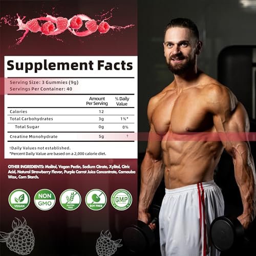 Nutravita Creatin-Monohydrat Gummibärchen für Männer & Frauen – 5 g Creatin pro Portion, zuckerfrei, vegan, Himbeergeschmack, 120 Stück