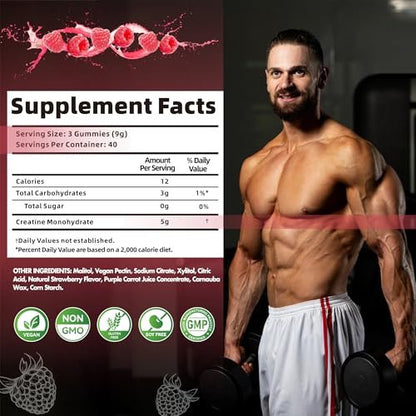 Nutravita Creatin-Monohydrat Gummibärchen für Männer & Frauen – 5 g Creatin pro Portion, zuckerfrei, vegan, Himbeergeschmack, 120 Stück