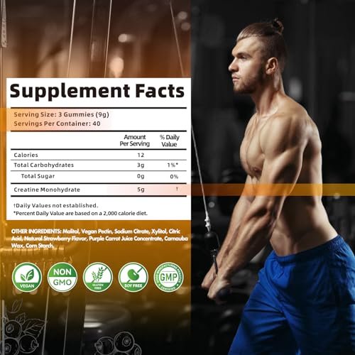 Nutravita NSF-zertifizierte Creatine Gummibärchen – Creatin-Monohydrat Gummies für Männer und Frauen – 5 g Creatin-Monohydrat pro Portion – Zuckerfrei, vegan, Blaubeergeschmack, 120 Stück