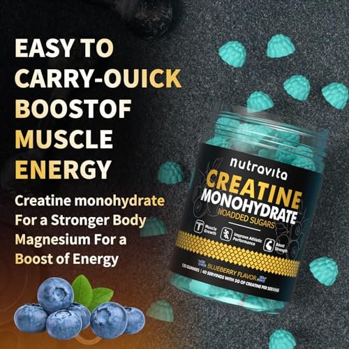 Nutravita NSF-zertifizierte Creatine Gummibärchen – Creatin-Monohydrat Gummies für Männer und Frauen – 5 g Creatin-Monohydrat pro Portion – Zuckerfrei, vegan, Blaubeergeschmack, 120 Stück