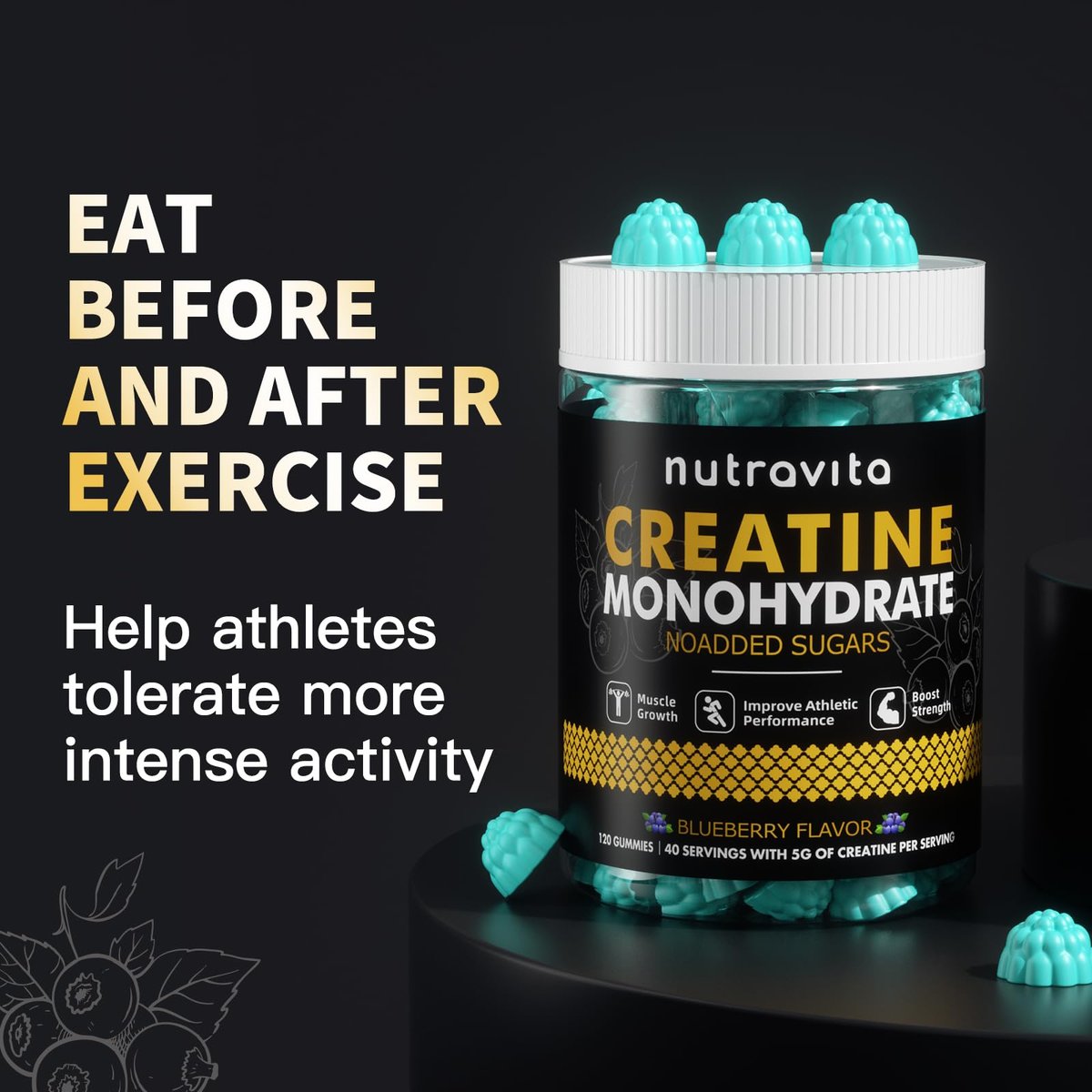 Nutravita NSF-zertifizierte Creatine Gummibärchen – Creatin-Monohydrat Gummies für Männer und Frauen – 5 g Creatin-Monohydrat pro Portion – Zuckerfrei, vegan, Blaubeergeschmack, 120 Stück