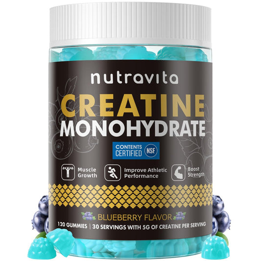 Nutravita NSF-zertifizierte Creatine Gummibärchen – Creatin-Monohydrat Gummies für Männer und Frauen – 5 g Creatin-Monohydrat pro Portion – Zuckerfrei, vegan, Blaubeergeschmack, 120 Stück