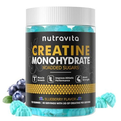 Nutravita NSF-zertifizierte Creatine Gummibärchen – Creatin-Monohydrat Gummies für Männer und Frauen – 5 g Creatin-Monohydrat pro Portion – Zuckerfrei, vegan, Blaubeergeschmack, 120 Stück