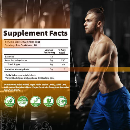 Nutravita NSF-zertifizierte Creatine Gummibärchen – Creatin-Monohydrat Gummies für Männer und Frauen – 5 g Creatin-Monohydrat pro Portion – Zuckerfrei, vegan, Blaubeergeschmack, 120 Stück