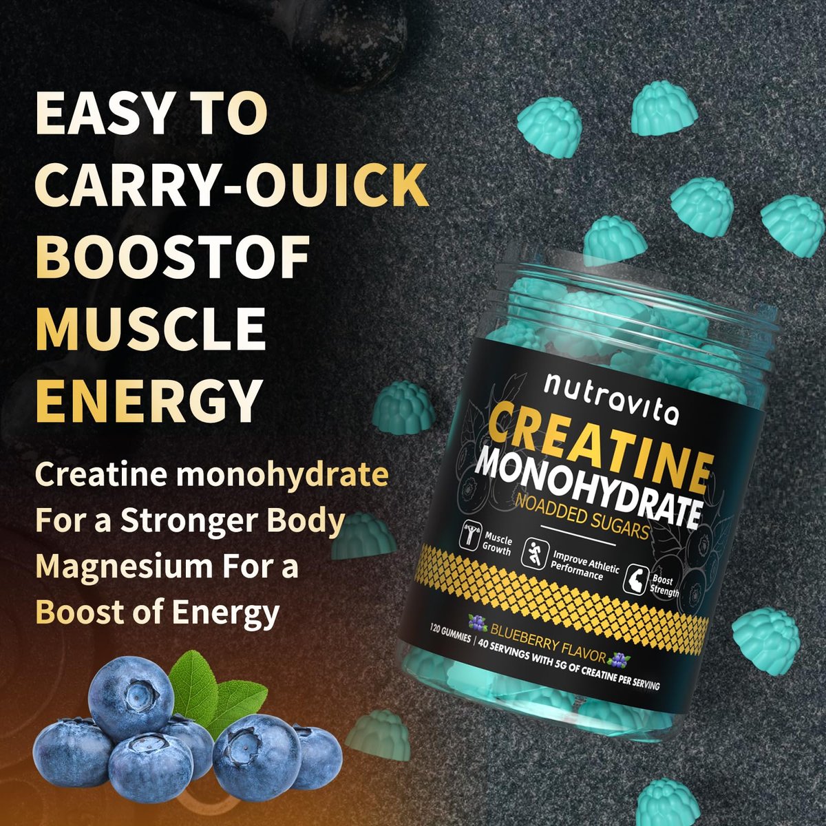 Nutravita NSF-zertifizierte Creatine Gummibärchen – Creatin-Monohydrat Gummies für Männer und Frauen – 5 g Creatin-Monohydrat pro Portion – Zuckerfrei, vegan, Blaubeergeschmack, 120 Stück