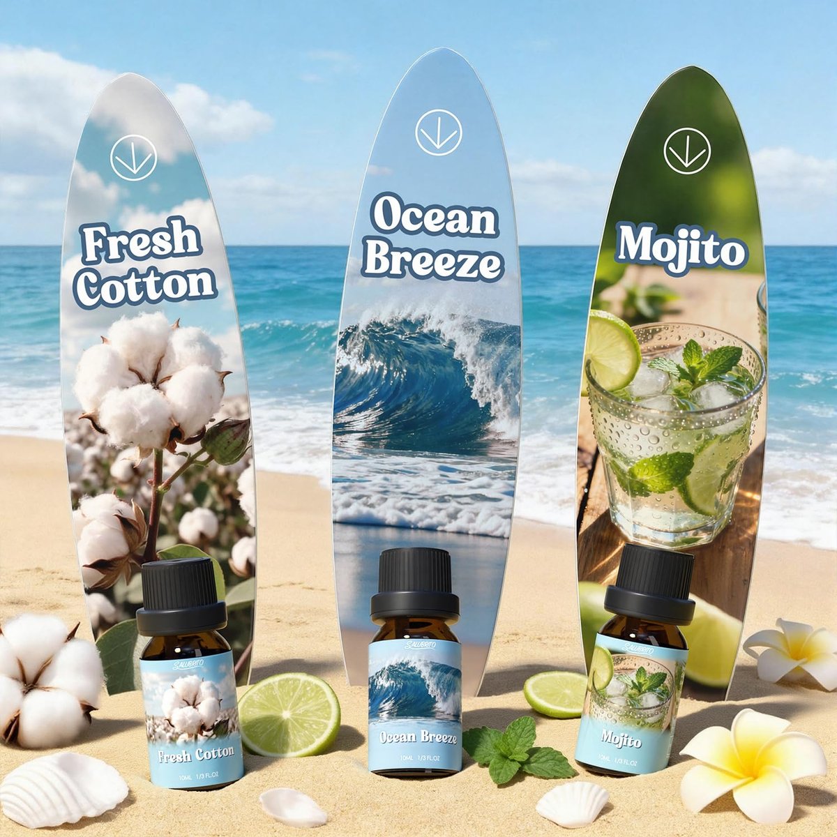 SALUBRITO Sommer-Duftöle Set – Premium ätherische Öle für Diffuser, Kerzen- und Seifenherstellung – Frische Baumwolle, Kokosnuss, Mojito, Ananas, Meeresbrise, Pink Island – Starke Duftöle