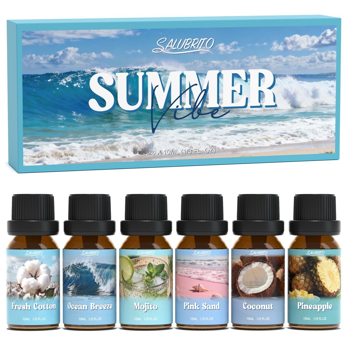 SALUBRITO Sommer-Duftöle Set – Premium ätherische Öle für Diffuser, Kerzen- und Seifenherstellung – Frische Baumwolle, Kokosnuss, Mojito, Ananas, Meeresbrise, Pink Island – Starke Duftöle