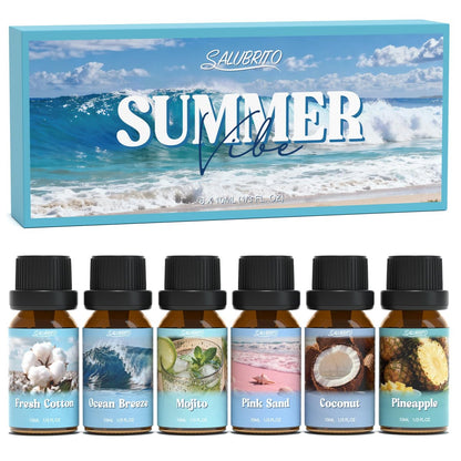SALUBRITO Sommer-Duftöle Set – Premium ätherische Öle für Diffuser, Kerzen- und Seifenherstellung – Frische Baumwolle, Kokosnuss, Mojito, Ananas, Meeresbrise, Pink Island – Starke Duftöle