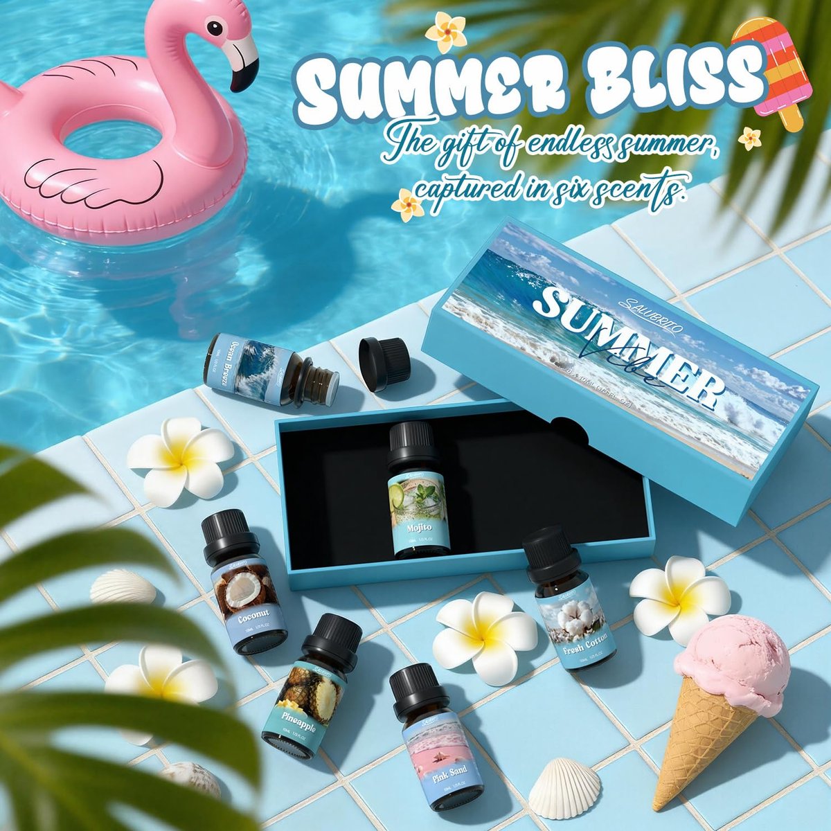 SALUBRITO Sommer-Duftöle Set – Premium ätherische Öle für Diffuser, Kerzen- und Seifenherstellung – Frische Baumwolle, Kokosnuss, Mojito, Ananas, Meeresbrise, Pink Island – Starke Duftöle