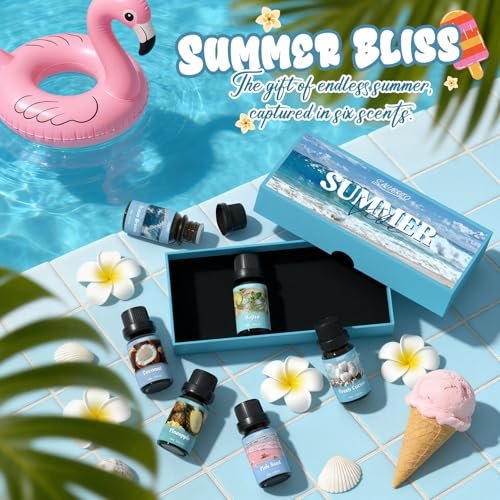SALUBRITO Sommer-Duftöle Set – Premium ätherische Öle für Diffuser, Kerzen- und Seifenherstellung – Frische Baumwolle, Kokosnuss, Mojito, Ananas, Meeresbrise, Pink Island – Starke Duftöle