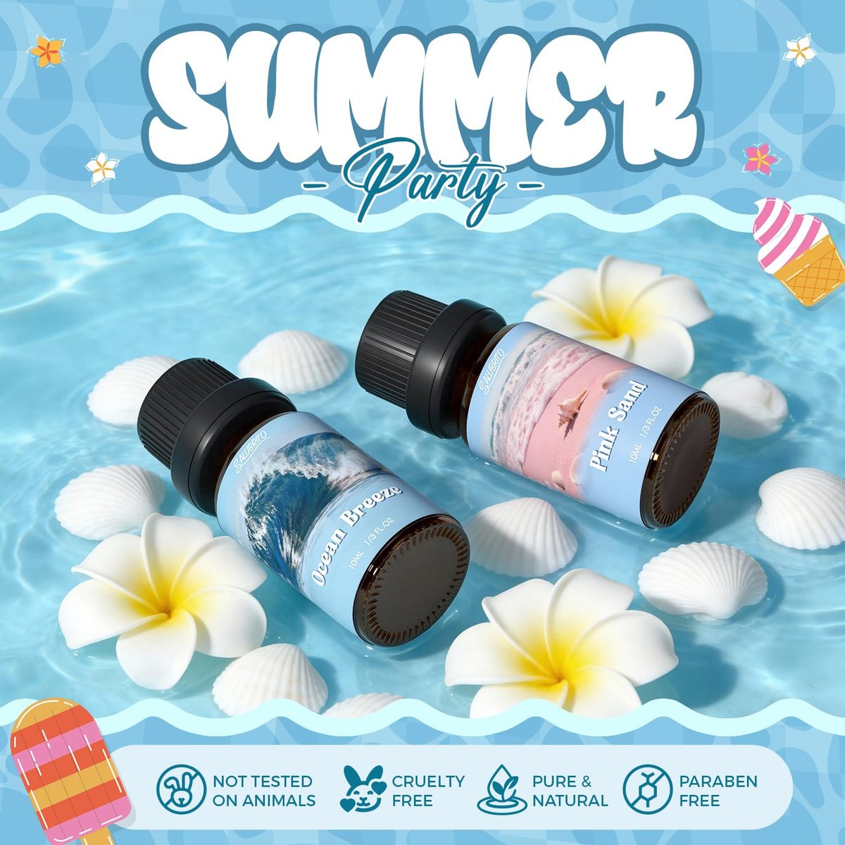 SALUBRITO Sommer-Duftöle Set – Premium ätherische Öle für Diffuser, Kerzen- und Seifenherstellung – Frische Baumwolle, Kokosnuss, Mojito, Ananas, Meeresbrise, Pink Island – Starke Duftöle