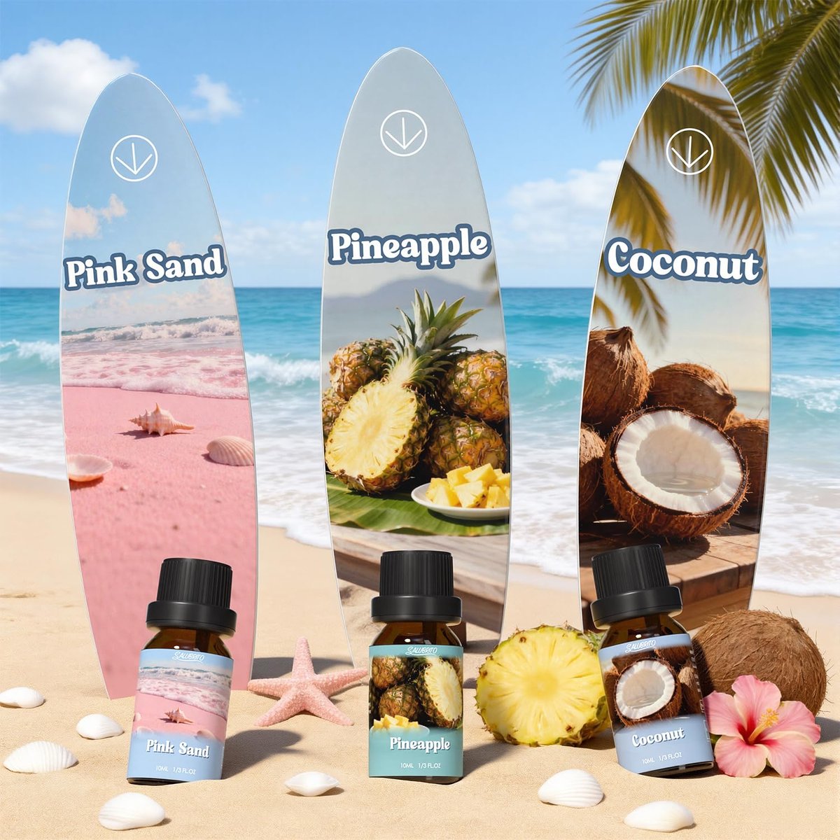 SALUBRITO Sommer-Duftöle Set – Premium ätherische Öle für Diffuser, Kerzen- und Seifenherstellung – Frische Baumwolle, Kokosnuss, Mojito, Ananas, Meeresbrise, Pink Island – Starke Duftöle