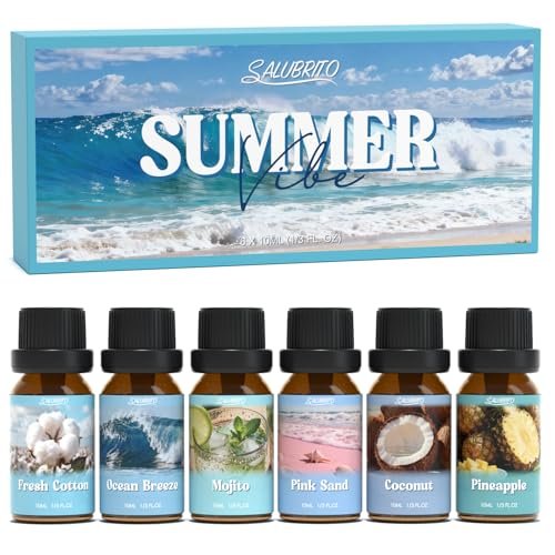 SALUBRITO Sommer-Duftöle Set – Premium ätherische Öle für Diffuser, Kerzen- und Seifenherstellung – Frische Baumwolle, Kokosnuss, Mojito, Ananas, Meeresbrise, Pink Island – Starke Duftöle