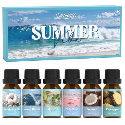 SALUBRITO Sommer-Duftöle Set – Premium ätherische Öle für Diffuser, Kerzen- und Seifenherstellung – Frische Baumwolle, Kokosnuss, Mojito, Ananas, Meeresbrise, Pink Island – Starke Duftöle