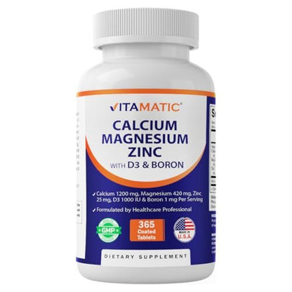 Vitamatic Calcium Magnesium Zink D3 Boron | 365 überzogene Tabletten | Calcium 1200 mg, Magnesium 420 mg, Zink 25 mg, Vitamin D3 1000 IE, Bor 1 mg | Non-GMO | Glutenfrei | Hergestellt in USA